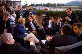 President Barack Obama confers with world leaders, Canadian Prime Minister Stephen Harper, German Chancellor Angela Merkel, British Prime Minister Gordon Brown, Japanese Prime Minister Taro Aso, Italian Prime Minister Silvio Berlusconi, and French President Nicolas Sarkozy, while attending the G-8 summit in L'Aquila, Italy, July 8, 2009. 
(Official White House Photo by Pete Souza)

This official White House photograph is being made available for publication by news organizations and/or for personal use printing by the subject(s) of the photograph. The photograph may not be manipulated in any way or used in materials, advertisements, products, or promotions that in any way suggest approval or endorsement of the President, the First Family, or the White House.