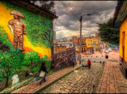 Another image of a street in La Candelaria neighborhood in downtown Bogota.

ISO 400, 10mm, f7.1 (1/200, 1/800, 1/2400)  HDR processed in Phototmatix using Details Enhancer. Postprocessed in Photoshop, Imagenomics Noiseware and Nik filters.