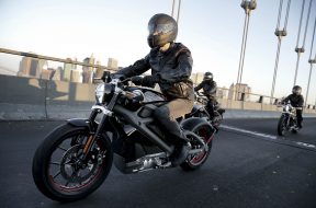 NEW YORK, NY - JUNE 23:  Harley-Davidson riders reveal Project LiveWire, the first electric Harley-Davidson motorcycle during a special ride across the iconic Manhattan Bridge on June 23, 2014 in New York City.  (Photo by Neilson Barnard/Getty Images for Harley Davidson)