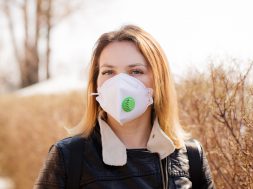 Young woman in a protective mask is walking. Coronavirus Protection Concept