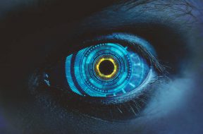 Close up of abstract eye with digital pattern. Biometrics, innovation and access concept