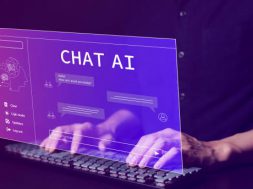 A.I., Chat with AI or Artificial Intelligence technology. Man using a laptop computer chatting with an intelligent artificial intelligence asks for the answers he wants. Smart assistant futuristic,