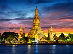 Wat Arun temple at twilight in Bangkok, Thailand.